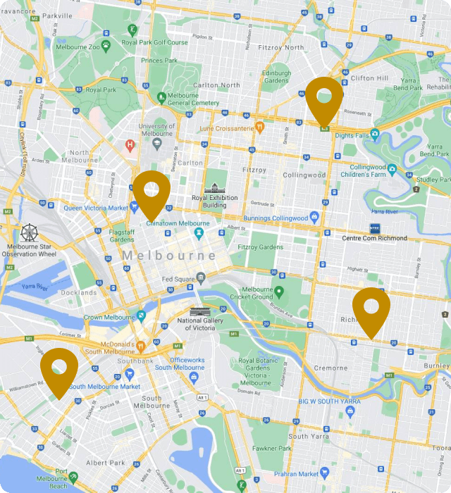 A map graphic displaying several location pins in gold, indicating points of interest or destinations.
